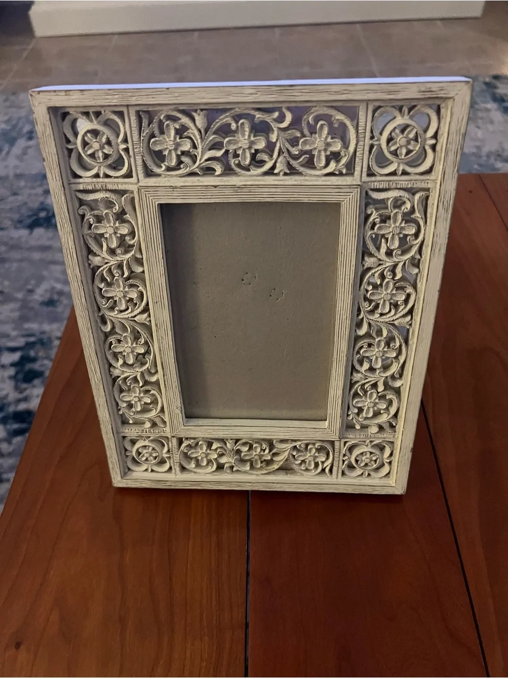 White Carved Floral Photo Frame w/ mirrored look.- Decorative Home Accent.